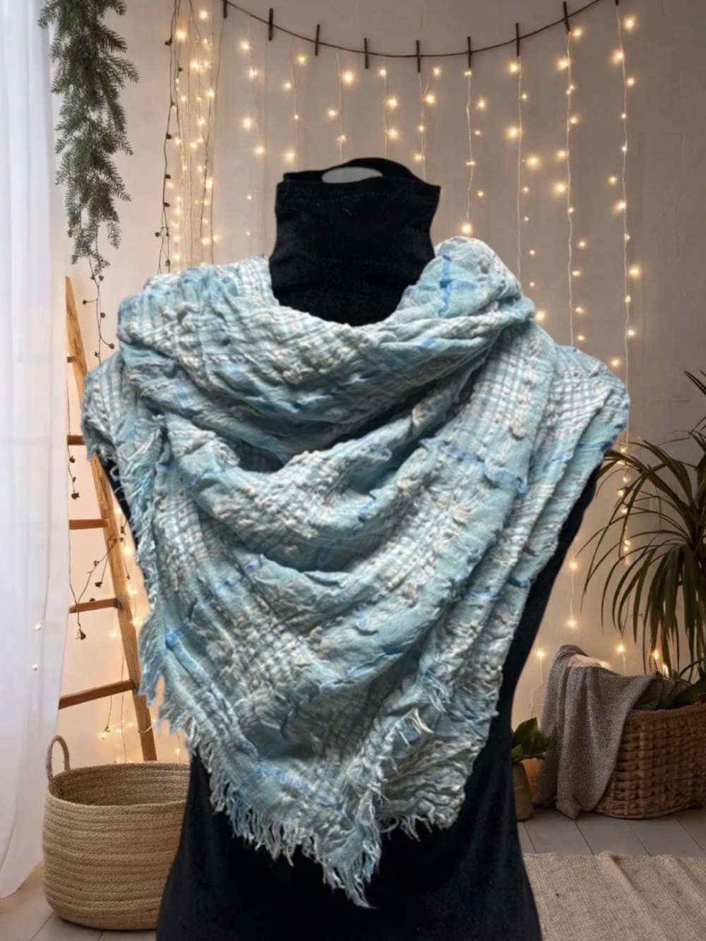 Blue plaid gauzy light blue boho square chunky fluffy scarf 41”x41” bohemian